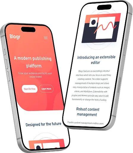 Two iPhone phones showing blogr landing page project.