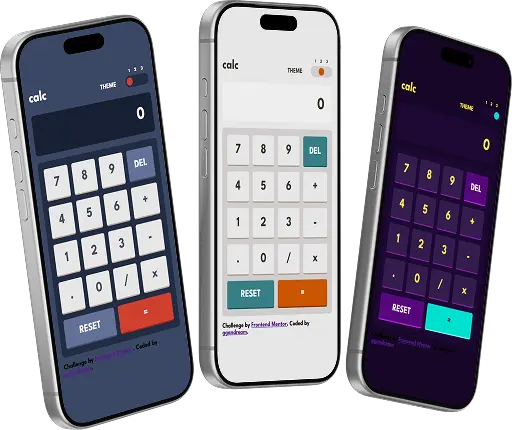 Three iPhone phones showing the calculator app in its three different themes.