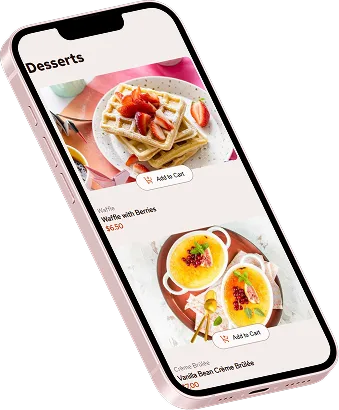 An iPhone showing the Product list with cart app in it's mobile version.